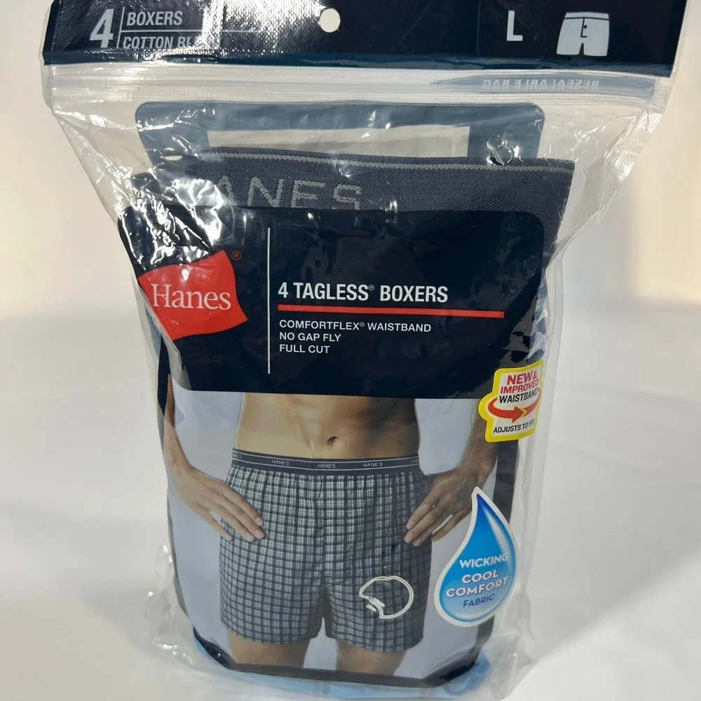 Hanes Tagless Boxers Men Large Blue Gray Plaid 4-Pack Yarn Dye ComfortFlex New